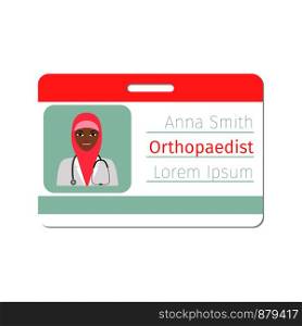 Female character of orthopaedist medical specialist badge template for game design or medicine industry. Vector illustration. Female orthopaedist medical specialist badge