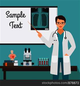 Female character of virologist medical specialists with radiology on stand. Vector illustration. Female virologist with radiology on stand