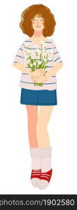 Female character of young age holding bouquet of flowers in hands. Isolated lady or student girl with blooming flora. Celebration of springtime holidays, botany with petals. Vector in flat style. Young teenage girl holding spring flowers in hand