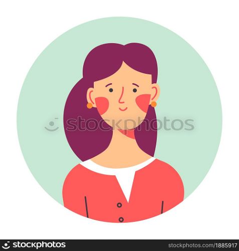 Female character portrait, isolated circle icon or avatar of personage with long hair and blush on cheeks. Timid teenage girl, cute teenager photo for media. Girlfriend, vector in flat style. Portrait of female character, young lady profile vector