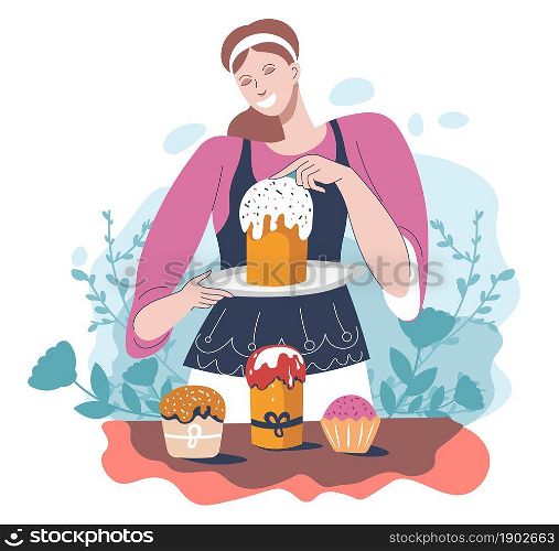 Female character preparing for easter holiday by baking and decorating cakes with sprinkles. Woman cooking and serving traditional dish. Christianity and religious event. Vector in flat style. Woman baking and decorating easter holidays cakes