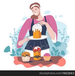 Female character preparing for easter holiday by baking and decorating cakes with sprinkles. Woman cooking and serving traditional dish. Christianity and religious event. Vector in flat style. Woman baking and decorating easter holidays cakes