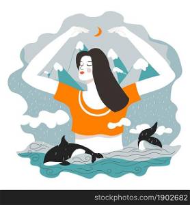 Female character protecting nature, sea and mountains. Peace and harmony. Symbolic character caring for dolphins, flora and fauna on earth. Brunette young lady with closed eyes. Vector in flat style. Mother nature, female character as guardian of sea