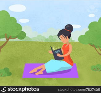 Female character reading book vector, woman enjoying publication literature in park. Nature with trees and foliage, lady sitting on blanket flat style. Woman Relaxing in Park Reading Book on Blanket