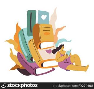 Female character reading books as hobby. Isolated woman with publications and textbooks, reader studying or preparing for exam. Literature and entertainment, rest and relax. Vector in flat style. Woman reading books, novel and modern literature