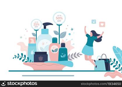 Female character rejoices at discounts on organic cosmetics. Various tubes, bottles and jars of natural products. Concept of business, vegan and sale. Banner in trendy style. Flat vector illustration. Female character rejoices at discounts on organic cosmetics. Various tubes, bottles and jars of natural products
