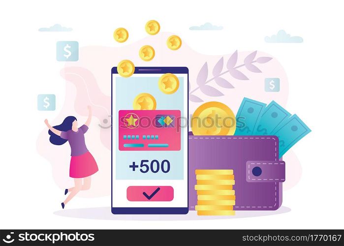 Female character rejoices in new accrued bonuses. Loyalty program, woman customer get rewards. Earn points concept. Phone screen with cashback and bonus card.Banner in trendy style.Vector illustration. Female character rejoices in new accrued bonuses. Loyalty program, woman customer get rewards. Earn points concept.