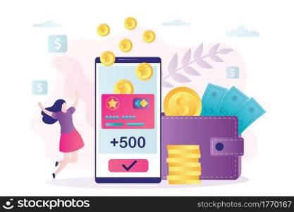 Female character rejoices in new accrued bonuses. Loyalty program, woman customer get rewards. Earn points concept. Phone screen with cashback and bonus card.Banner in trendy style.Vector illustration. Female character rejoices in new accrued bonuses. Loyalty program, woman customer get rewards. Earn points concept.