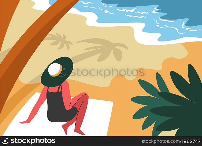 Female character relaxing in shade of palm trees, woman on vacation by seaside. Lady wearing hat on blanket looking at seaside water and waves of sea or ocean. Vector in flat style illustration. Woman resting by seaside in shade of palm trees