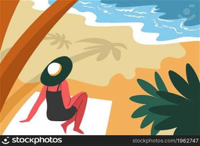 Female character relaxing in shade of palm trees, woman on vacation by seaside. Lady wearing hat on blanket looking at seaside water and waves of sea or ocean. Vector in flat style illustration. Woman resting by seaside in shade of palm trees