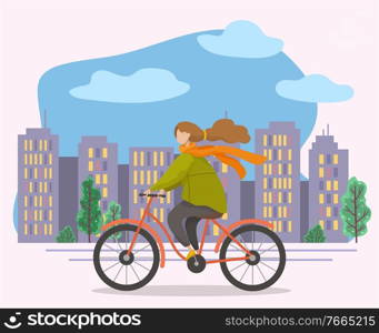 Female character riding bicycle on cityscape background. Woman leading active and eco friendly lifestyle. Personage on bike in city with skyscrapers and trees. Teenager in town, vector in flat. Woman Riding Bicycle in City, Bicyclist in Town