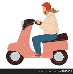 Female character riding scooter wearing helmet. Lady using ecological mean of transport to commute to work or home. Transportation in city or town. Alternative eco energy. Vector in flat style. Lady riding scooter, ecological transport vector