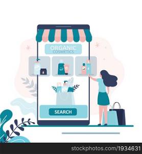 Female character searching and chooses natural products in online store. Various organic cosmetics on smartphone screen. Concept of e-commerce, skincare and business. Trendy flat vector illustration. Female character searching and chooses natural products in online store. Various organic cosmetics on smartphone screen