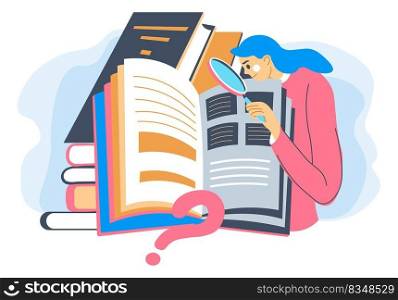 Female character searching for information in book, using magnifying glass. Woman leading research or preparing for exams in university. Science and education, skills improvement. Vector in flat. Woman using magnifying glass searching for info