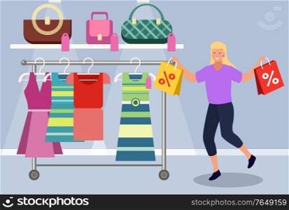 Female character shopping at store with clothes and accessories. Lady with bags passing hangers with dresses and jackets, handbags for women. Boutique with fashionable items. Vector in flat style. Woman at Boutique Store Showing Purchase on Sale
