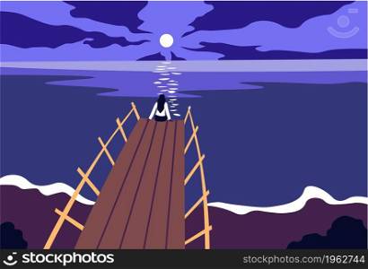 Female character sitting on wooden pier by lake or sea, looking at full moon. Romantic summer evening, vacations and relax by water. Pond or ocean shore with waves and coast. Vector in flat style. Romantic summer night, lady on pier with full moon