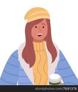 Female character smiling and holding cup of coffee or hot tea. Lady wearing warm clothes hat and knitted sweater expressing joy and happiness. Isolated personage in cold season outdoors vector. Smiling Woman with Cup of Coffee in Winter Clothes