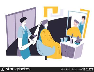Female character specialist caring for clients hairstyle making new hairdo. Beauty salon professional treatment, woman drying hair of lady sitting in comfortable chair by mirror. Vector in flat style. Hairdresser in beauty salon doing hairstyle vector