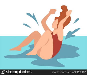Female character spending summer vacation by seaside or pool. Woman jumping in water, splashes of drops of sea or ocean. Activity on summertime, relaxing on vacations holidays, vector in flat style. Woman jumping in water, female character by seaside or pool