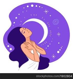 Female character standing by crescent moon and starry sky. Woman wearing long dress enjoying moonlight. Astrological signs and witchcraft, portrait of magic creature or witch. Vector in flat style. Woman with closed eyes standing by crescent moon