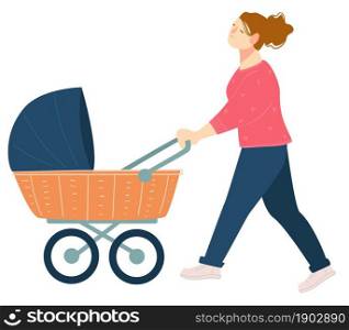 Female character strolling with buggy and sleeping child. Isolated woman with kid, mother pushing perambulator with newborn baby. Woman having rest walking and relaxing. Vector in flat style. Mother walking with perambulator and kid vector