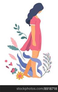 Female character surrounded by flowers, bouquets and foliage, ribbon for copy. Isolated teenager girl wearing modern and fashionable dress, model elegant and stylish woman. Vector in flat style. Woman with flowers, foliage and bushes decoration