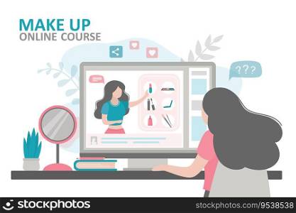 Female character takes online makeup courses. Cosmetologist talks about purpose of various cosmetic products. Lesson from visagiste on computer screen. Online education concept. Vector illustration