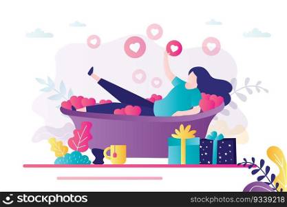 Female character taking bath with hearts. Cartoon girl bathes in fame and popularity. Cute woman bathes in likes. Social media and internet. People addicted to networks.Trendy flat vector illustration