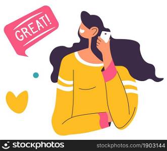 Female character talking on phone communication on positive note. Isolated woman with cell, great sticker with approval or recommendation. Compliment or guarantee from client. Vector in flat style. Woman talking on phone, recommending or approving
