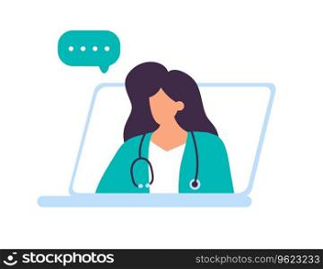 Female Character therapist Doctor online consultation in Laptop, Visiting doctor using technology with Patient Files, Prescribing Medications. Cartoon People Flat Vector Illustration.. Female Character therapist Doctor online consultation in Laptop, Visiting doctor using technology with Patient Files, Prescribing Medications. Cartoon People Flat Vector Illustration