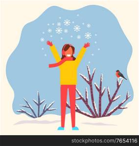 Female character throwing up snow pile. Snowflakes sparkling in air. Woman wearing warm clothes knitted sweater and scarf. Character in wintry park or forest. Bush with bullfinch on twig vector. Woman Throwing Snow Up, Winter Fun Outdoors Vector