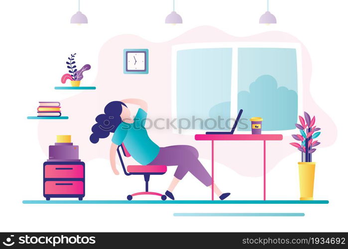 Female character tired at work. Unhappy business woman sits at workplace. Depressed mood, professional burnout and big emotional stress. Concept of overworking and deadline. Flat vector illustration. Female character tired at work. Unhappy business woman sits at workplace. Depressed mood, professional burnout and big emotional stress