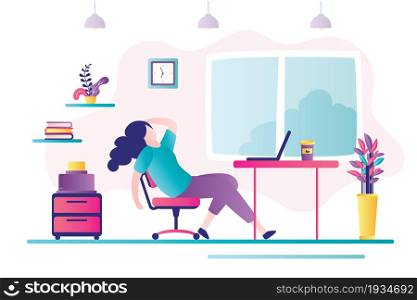 Female character tired at work. Unhappy business woman sits at workplace. Depressed mood, professional burnout and big emotional stress. Concept of overworking and deadline. Flat vector illustration. Female character tired at work. Unhappy business woman sits at workplace. Depressed mood, professional burnout and big emotional stress