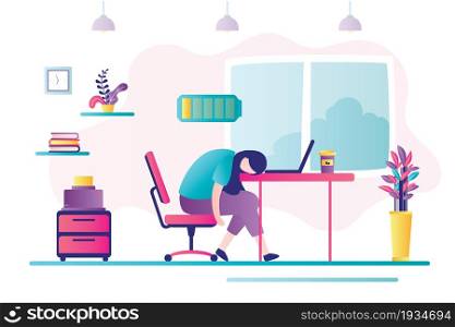 Female character tired at work. Unhappy business woman sits at workplace. Depressed mood, professional burnout and big emotional stress. Overworking and deadline, low battery. Flat vector illustration. Unhappy business woman sits at workplace. Overworking and deadline, low battery.