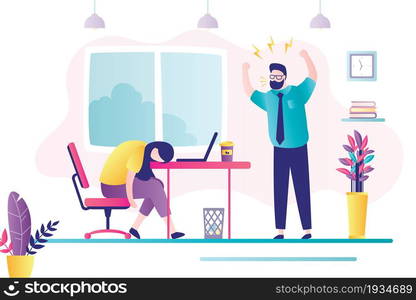 Female character tired at workplace. Disgruntled boss yells at subordinate. Depressed mood, professional burnout and big emotional stress. Overworking, deadline. Conflict in office.Vector illustration. Female character tired at workplace. Disgruntled boss yells at subordinate. Depressed mood, professional burnout and big emotional stress.