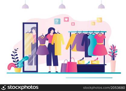 Female character try on dresses in fashion store. Different clothes hanging on hanger. Woman chooses between two dresses. Clothing shop interior. Buyer shopping in massmarket. Flat vector illustration. Female character try on dresses in fashion store. Different clothes hanging on hanger. Woman chooses between two dresses