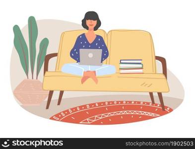Female character using laptop to study online courses for university or complete project. Woman with computer working from home, distant worker sitting on sofa with books. Vector in flat style. Freelancer working from home, student studying