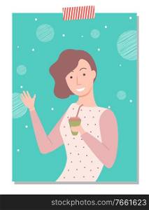 Female character vector, woman hipster style lady drinking beverage poured in plastic cup. Personage with mug coffee or tea enjoying on bokeh background. Woman Drinking Coffee from Plastic Cup Vector