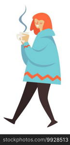 Female character walking and drinking warm tea or hot aromatic coffee. Isolated woman wearing warm clothes, winter holidays or weekends relax. Smiling girl with cup of drink. Vector in flat style. Woman wearing warm clothes walking and drinking tea