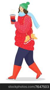 Female character walking at street wearing winter clothes and drinking hot tea or coffee. Lady with skating shoes enjoying hot beverage from plastic cup. Personage in wellingtons, vector in flat. Woman Drinking Coffee and Wearing Warm Clothes