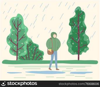 Female character walking in forest in rainy day. Bad weather conditions outdoors, season of rainfalls. Woman wearing protective raincoat. Spring or autumn in park. Puddles on ground vector in flat. Woman Strolling in Park in Rainy Day in Autumn