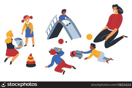 Female character watching children in kindergarten, school or daycare. Woman looking at kids playing with ball, car toys. Boys and girls having fun and communicate in group. Vector in flat style. Teacher watching children playing during daycare