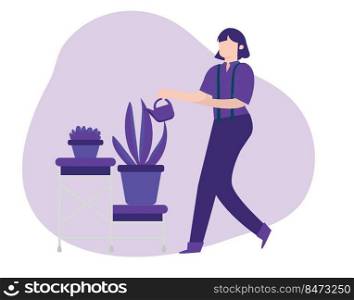 Female character watering flowers using can