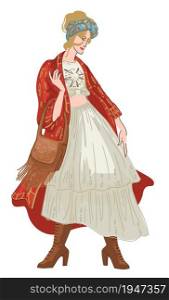 Female character wearing bohemian or hippie clothes, isolated woman in long skirt, shirt and fringe bag. Romantic apparel of girl, vintage fashionable and stylish look of lady. Vector in flat style. Shabby chic or bohemian clothes style of woman