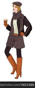 Female character wearing clothes typical for UK people, isolated lady holding cup of coffee. Elegant and warm apparel with small hat and scarf, skirt and long leather boots. Vector in flat style. English woman wearing trendy UK clothes style