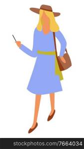 Female character wearing hat walking with cell phone in hands vector, isolated lady elegant woman on weekends strolling. Lady using social media flat style. Elegant Woman with Handbag and Smartphone in Hands