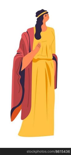 Female character wearing long dress and shawl, isolated woman in toga. Roman and greek ancient fashion and cultural heritage. Lady in traditional outfit for nobility citizens. Vector in flat style. Ancient Rome or Greek female character in dress