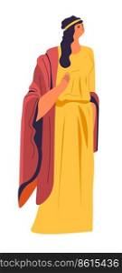 Female character wearing long dress and shawl, isolated woman in toga. Roman and greek ancient fashion and cultural heritage. Lady in traditional outfit for nobility citizens. Vector in flat style. Ancient Rome or Greek female character in dress