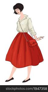Female character wearing traditional french stylish clothes, lady in long shirt and white shirt with bag. Accessories and clothing of european woman. Beauty and vintage charm. Vector in flat style. French clothing style, woman in skirt and shirt