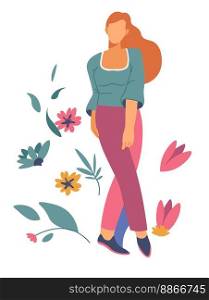 Female character with blooming daisies and tulips, isolated female character with flowers in blossom. Portrait of a feminine and elegant lady. Teenage girl model posing. Vector in flat style. Feminine woman with tulips in blossom, vector